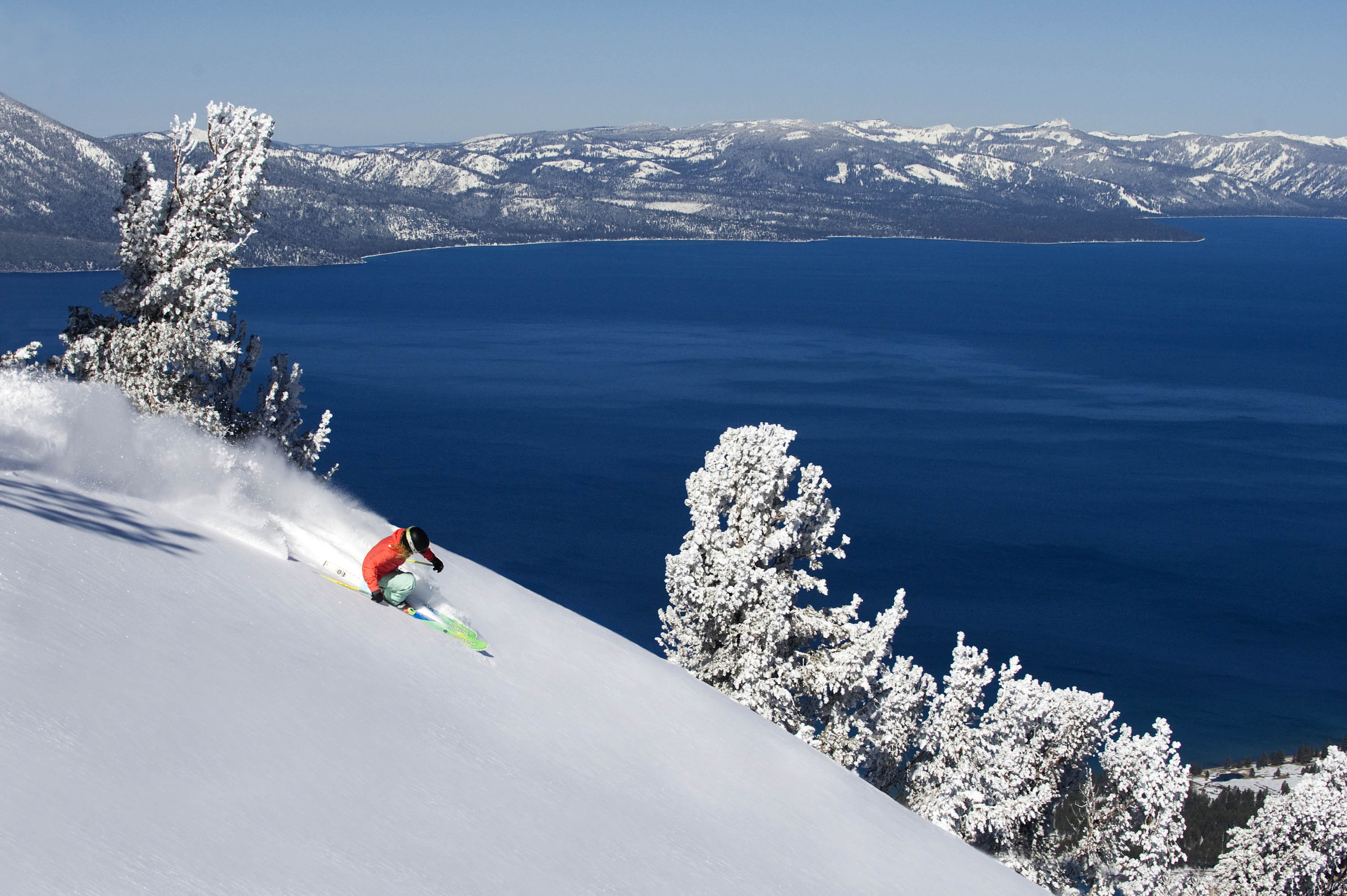 Deep powder skiing at Heavenly Mountain Resort in South Lake Tahoe, California.