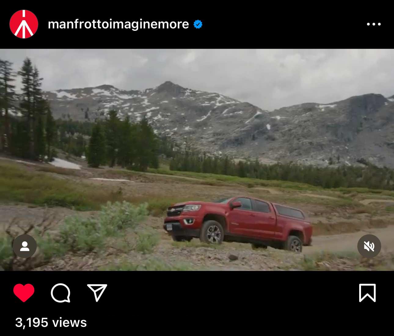 Driving past snowy mountains in a post shared by Manfrotto.
