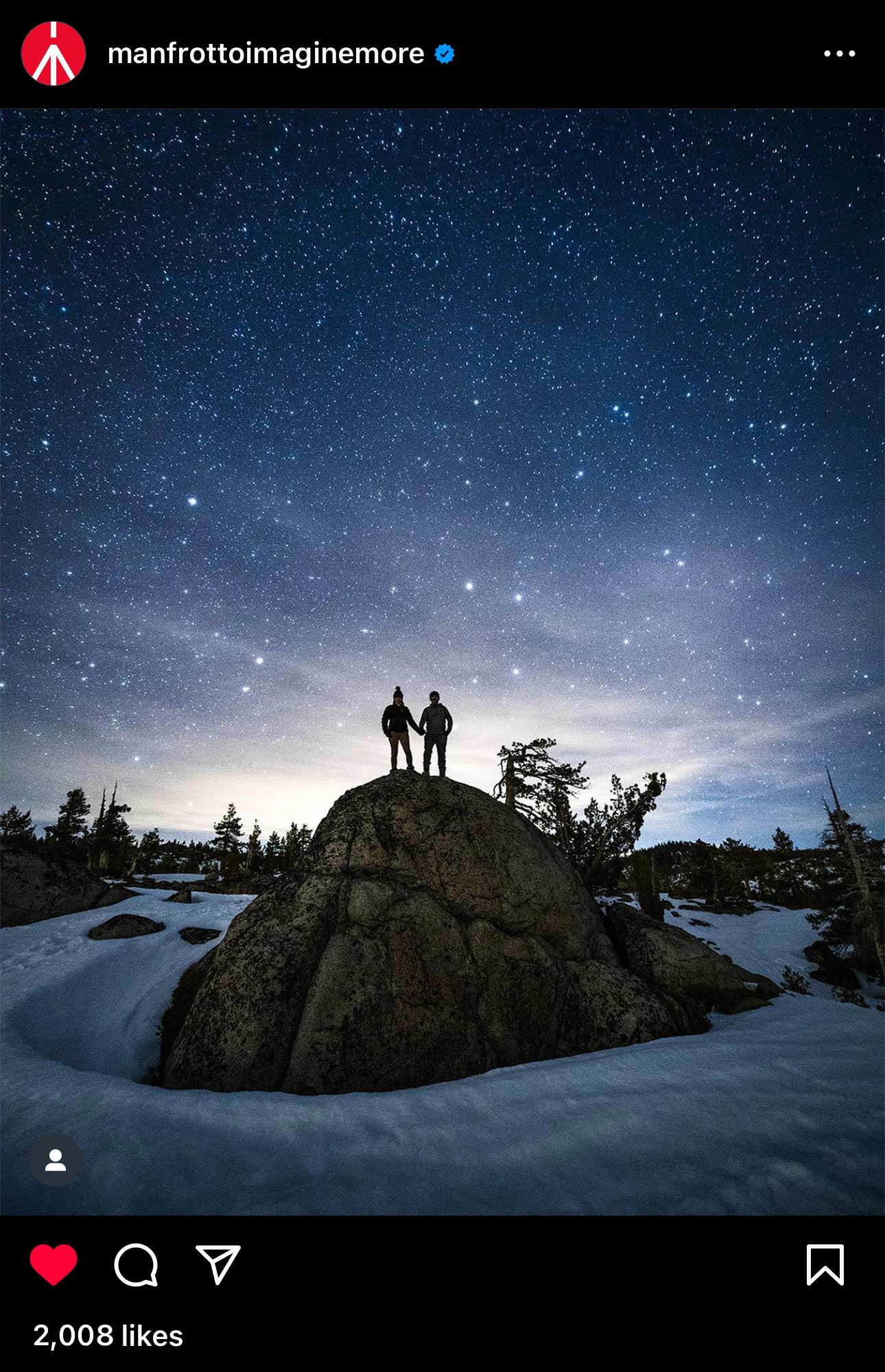 Holding hands under the winter night sky for Manfrotto on Instagram.