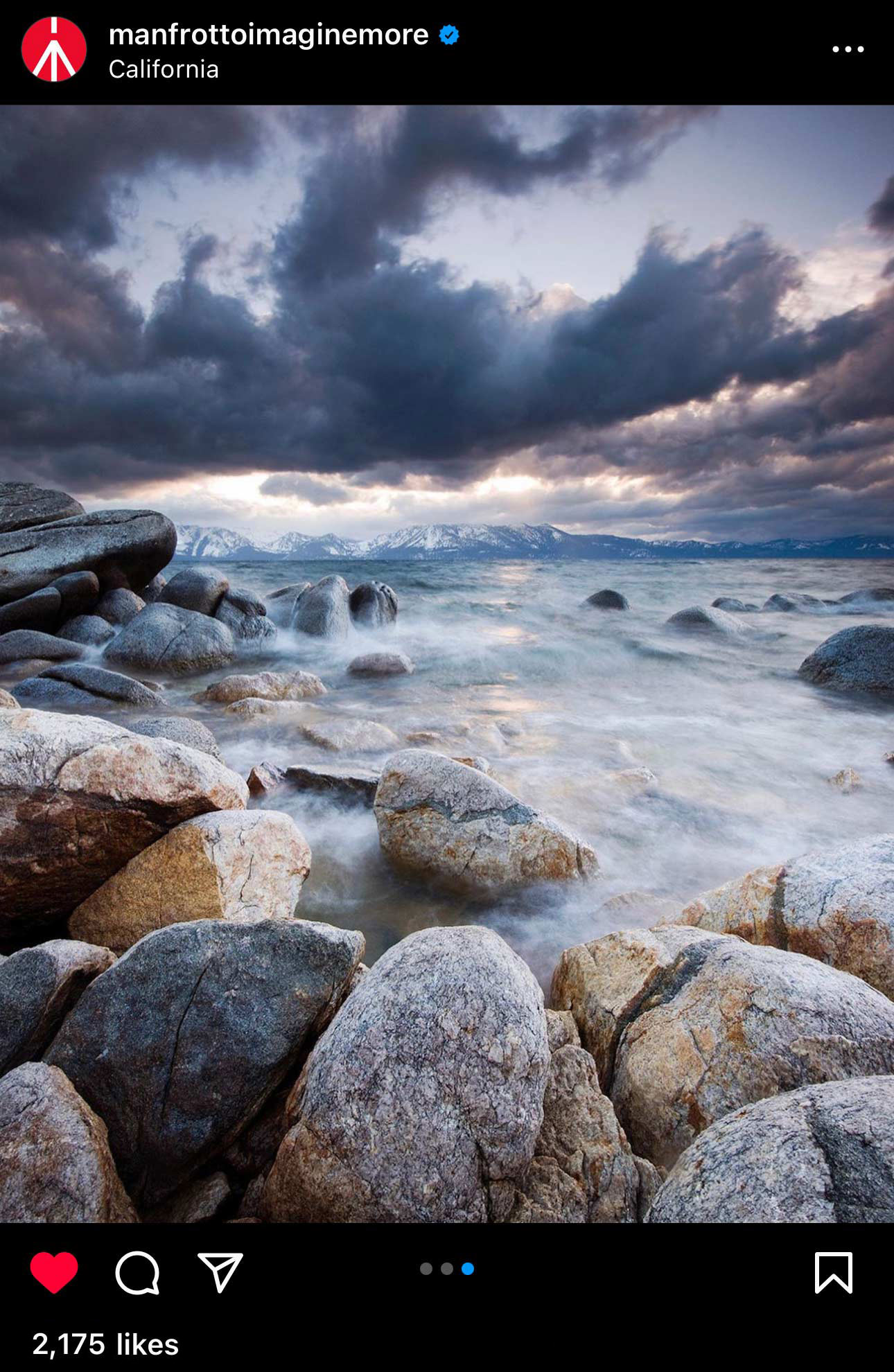 Waves crashing on the rocky shore of Lake Tahoe for Manfrotto.