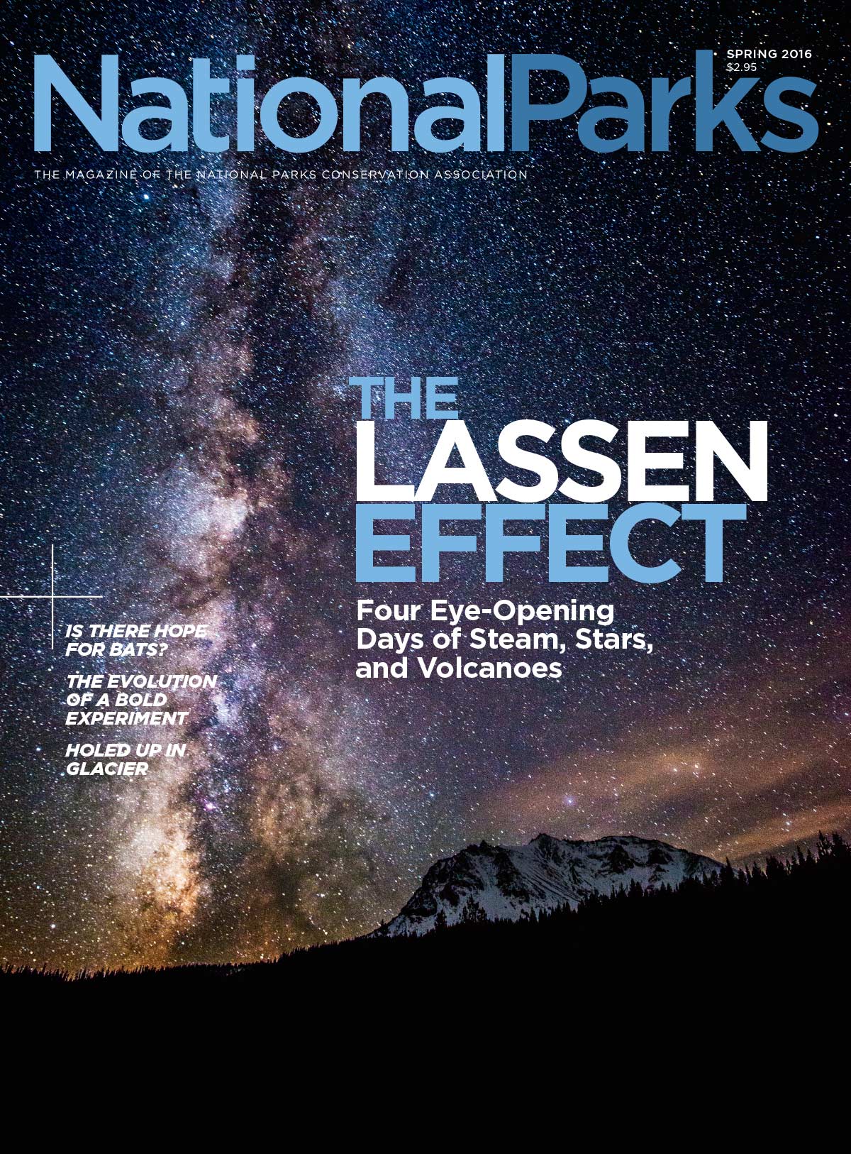 Cover of National Parks magazine showing  the night sky over Lassen National Park.