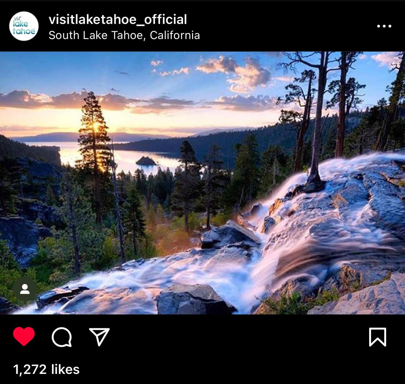 Waterfall view of sunset exploding over Emerald Bay for Visit Lake Tahoe.