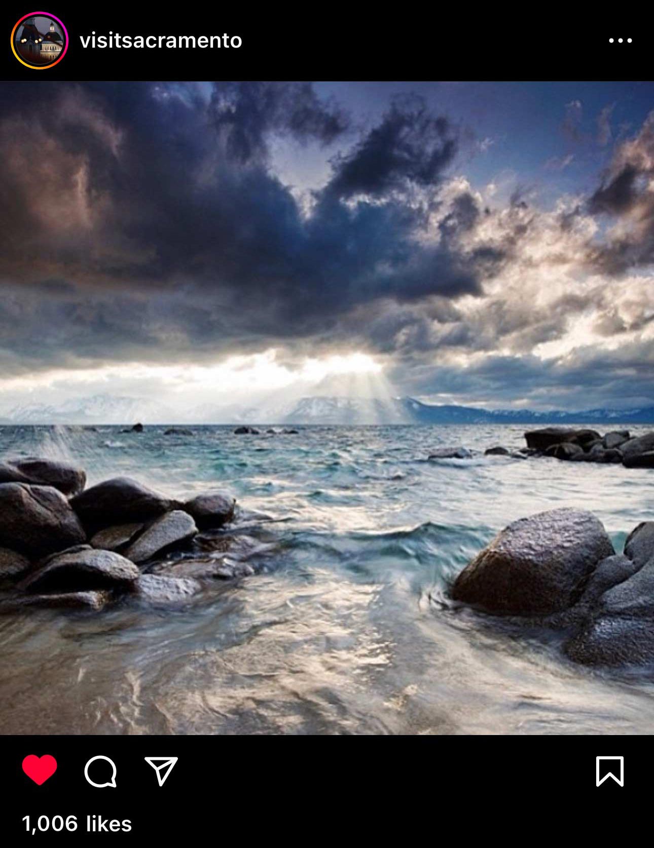 Dramatic clouds over Lake Tahoe in a post shared by Visit Sacramento.